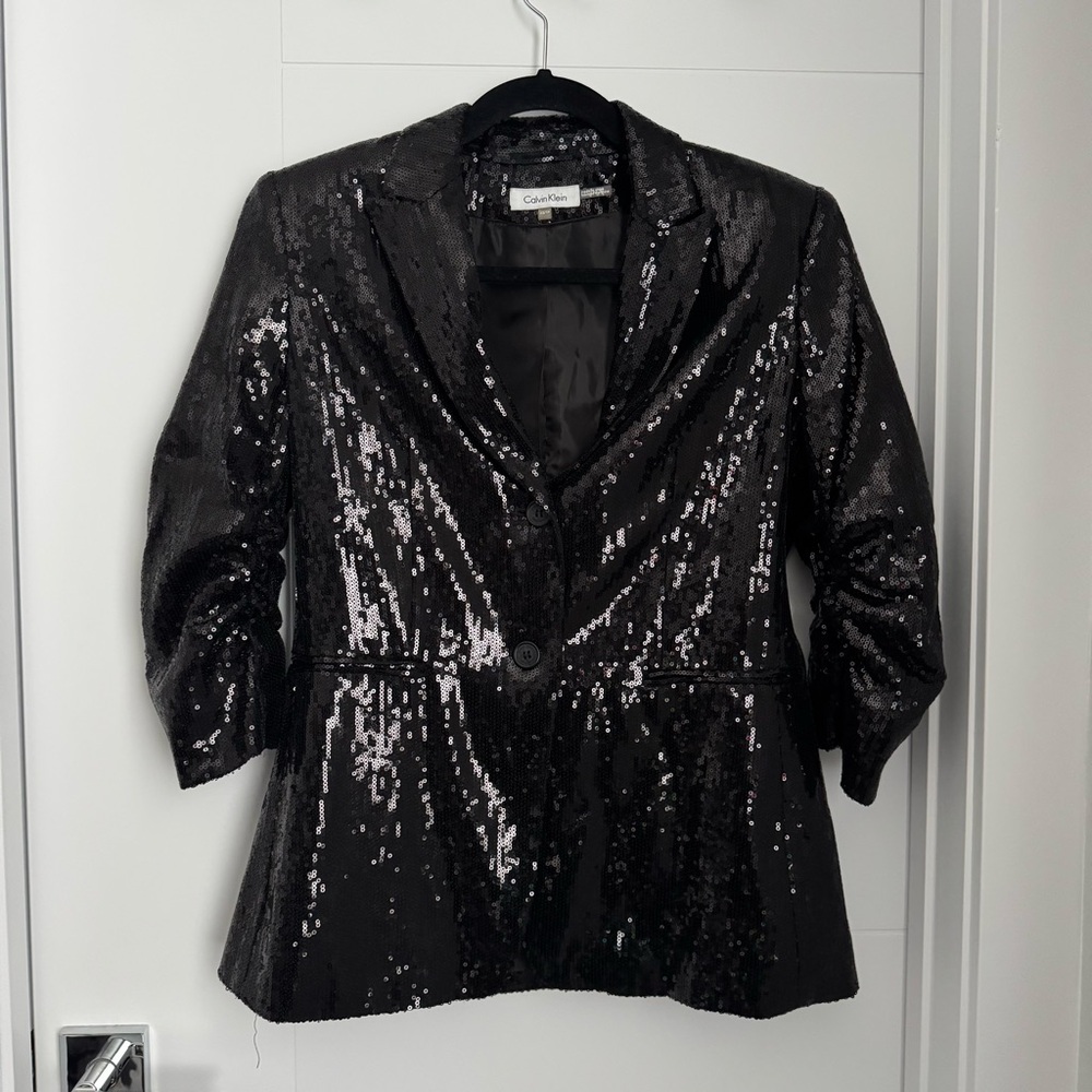 Calvin Klein Black Sequined Blazer Jacket Suit Coat 3/4 Sleeve Ruched, Size XS
